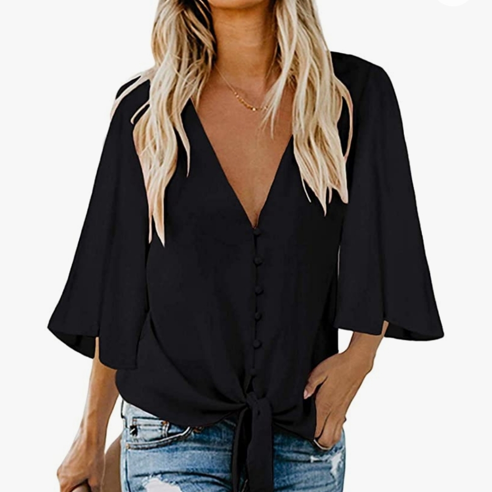 Women's Button Down V-neck Tie Front Knot Chiffon Blouse